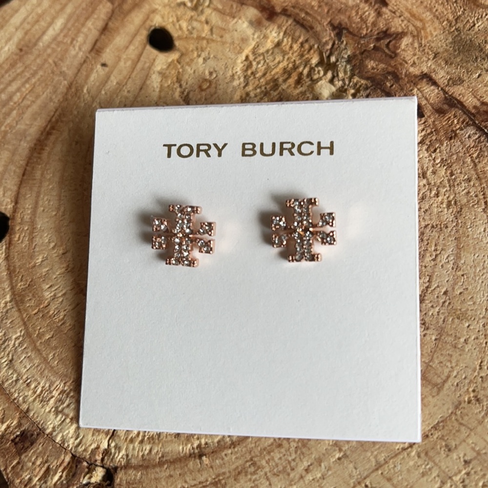 NWT Tory Burch rose gold cubic zirconia logo studs - Picture 2 of 3